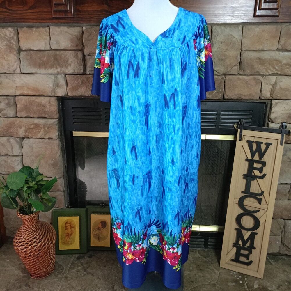 Vintage Anthony Richards MuuMuu Lounge House Dress Blue Duster Floral Pockets XL